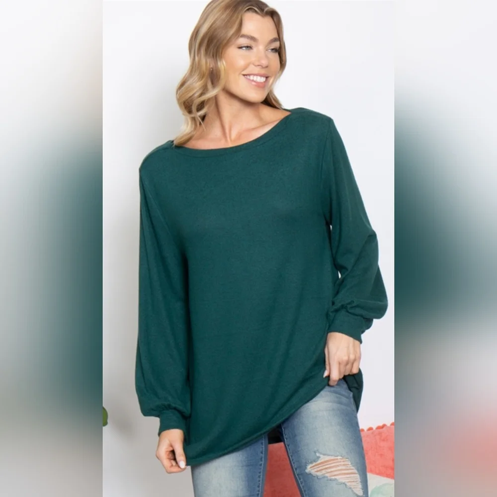 PUFF SLEEVED BOAT NECK BRUSHED HACCI TOP- HUNTER GREEN - Picture 6 of 6